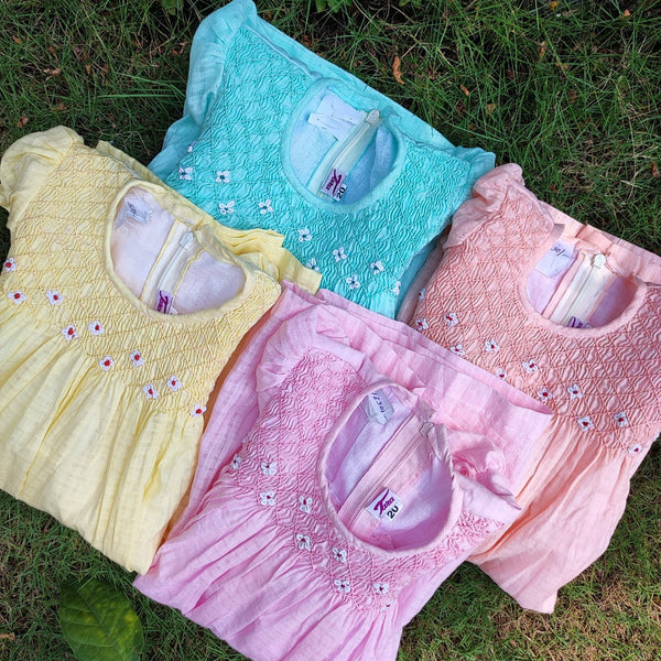 cotton short sleeves smocking dress